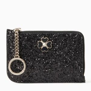 NEW Kate Spade Odette Glitter Med L-Zip Card Holder Key Pouch Keychain BLACK
